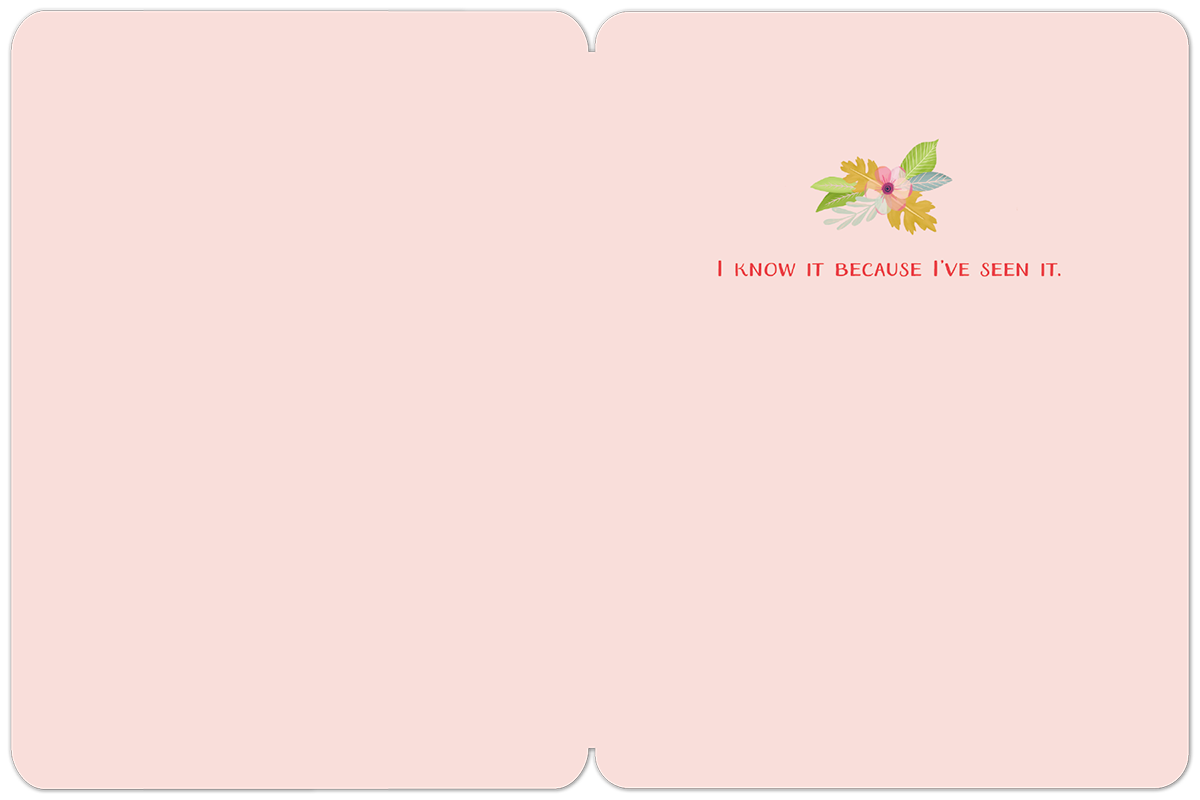 Inside a pink encouragement greeting card with floral illustration and "I KNOW IT BECAUSE I'VE SEEN IT." text.