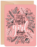 Encouragement greeting card for her, featuring 'I get by with a little help from my girlfriends' in elegant script with floral doodles on a soft pink background, perfect for a supportive female friend.