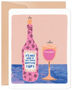 Front of a lighthearted greeting card featuring a pink, patterned wine bottle and a matching glass. Text on the bottle reads: 'IT'S NOT GOOD TO KEEP THINGS BOTTLED UP.' Perfect for friends needing a pick-me-up or a reason to talk.