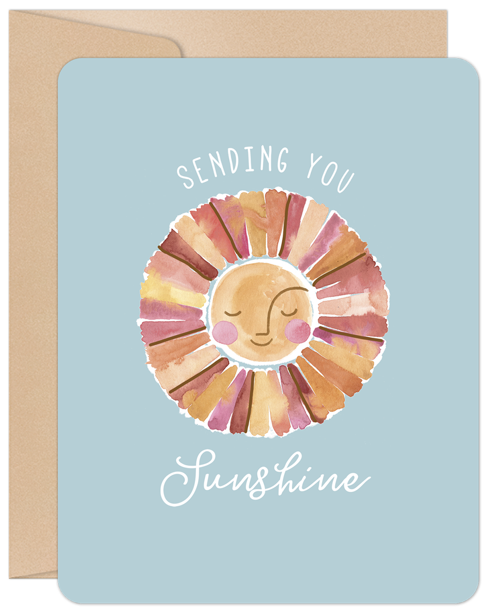 Front of a Get Well card: a cheerful watercolor smiling sun on a light blue background, with 'Sending You Sunshine' text.