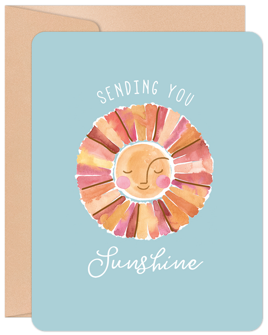 Front of a Get Well card: a cheerful watercolor smiling sun on a light blue background, with 'Sending You Sunshine' text.