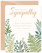 Elegant sympathy greeting card with lush green watercolor botanical foliage, featuring gold script text 'With Deepest Sympathy' and a comforting message, paired with a natural kraft envelope.