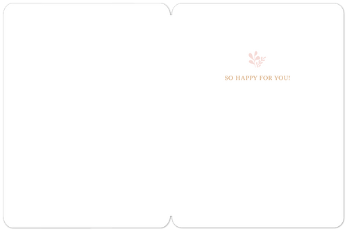 Inside view of an open white wedding congratulations card, showing a small pink botanical sprig and the message 'SO HAPPY FOR YOU!' in soft pink lettering.