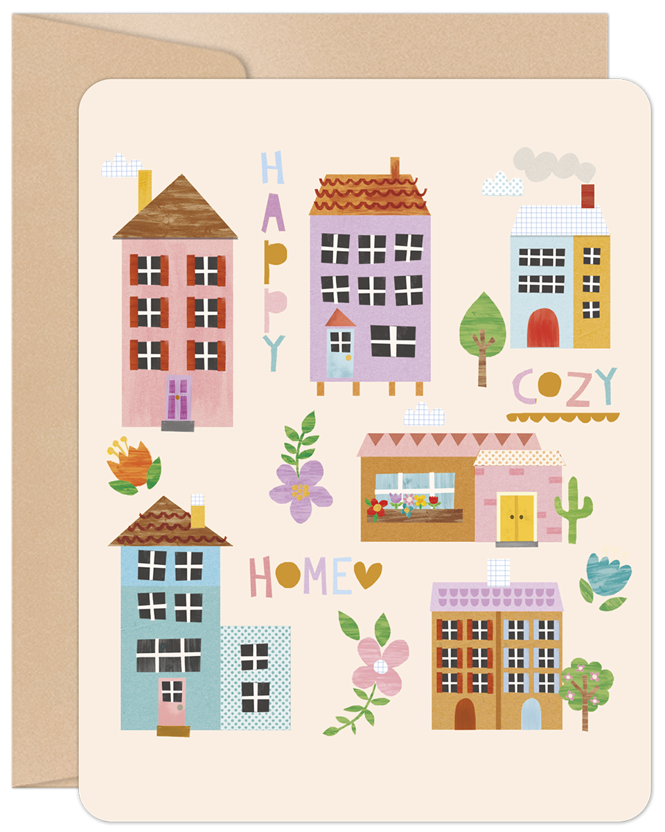 Front of a Happy Cozy Home new home greeting card featuring an illustration of various colorful drawn houses and floral accents.