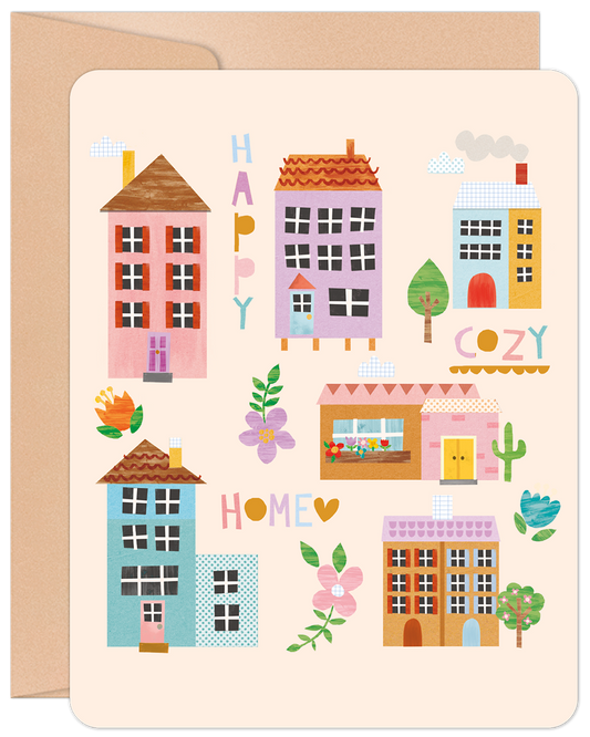 Front of a Happy Cozy Home new home greeting card featuring an illustration of various colorful drawn houses and floral accents.