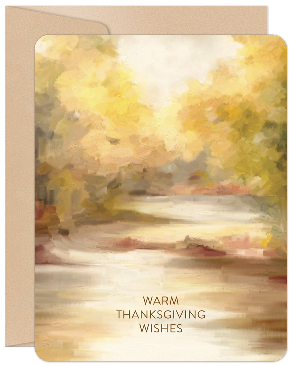 Front of a watercolor greeting card featuring an impressionistic autumn forest scene with golden leaves, a winding path, and 'Warm Thanksgiving Wishes' text. It comes with a kraft paper envelope.