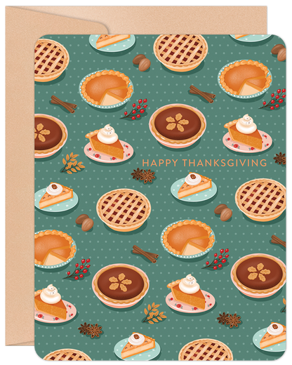 Front of Happy Thanksgiving card with a cute pattern of pumpkin, apple, and pecan pies, berries, spices on a dotted teal background.