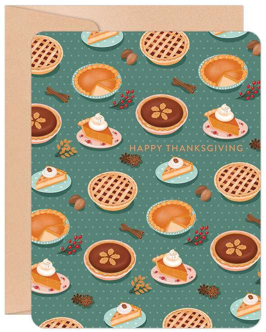 Front of Happy Thanksgiving card with a cute pattern of pumpkin, apple, and pecan pies, berries, spices on a dotted teal background.
