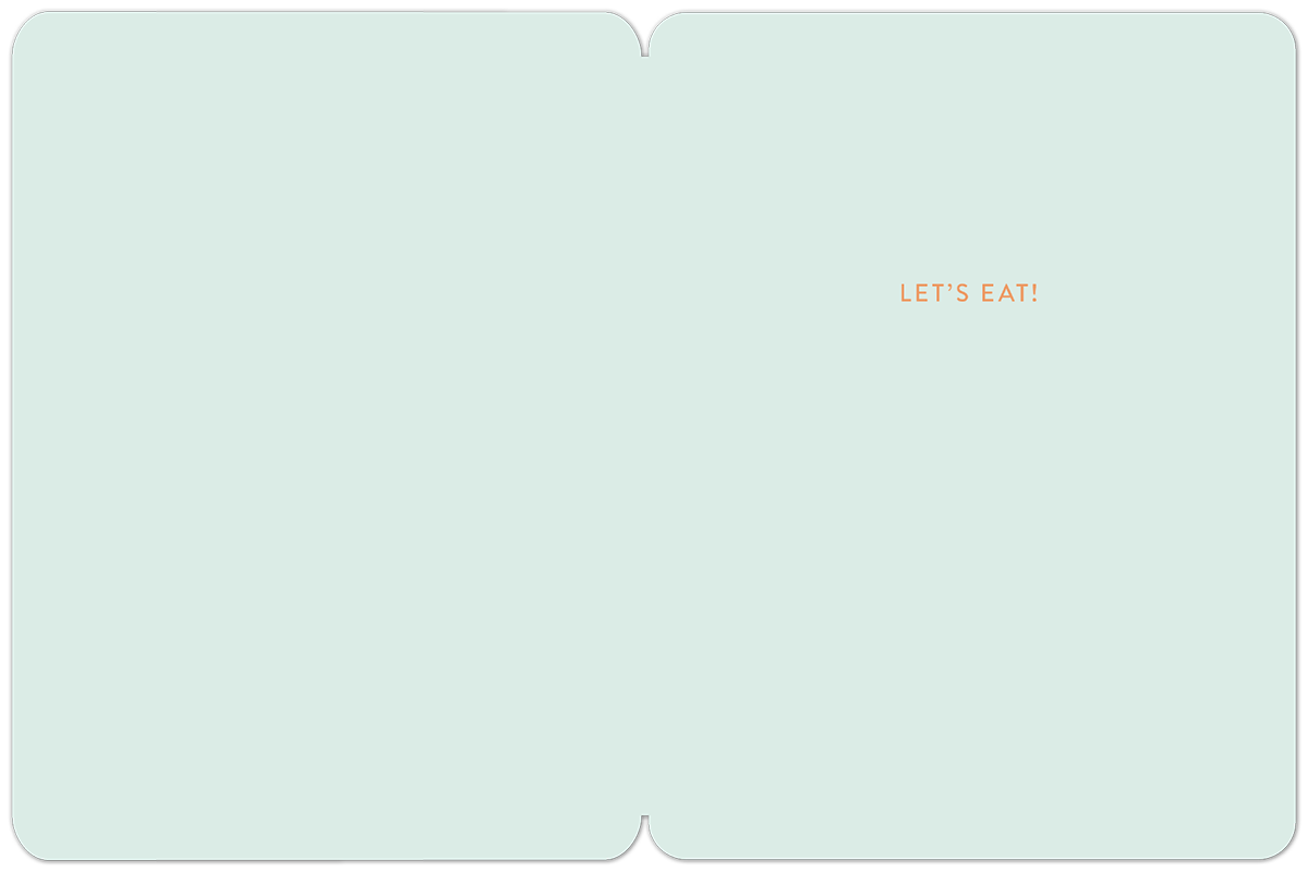 Inside of a minimalist Thanksgiving greeting card with the orange text 'LET'S EAT!' on a light green background.