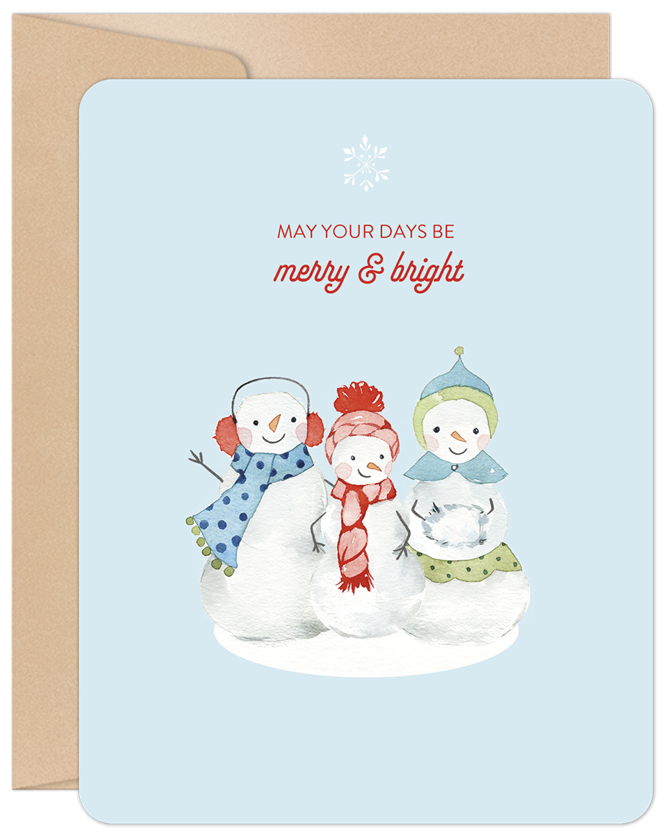 Front of a light blue watercolor greeting card featuring three cute snowmen wearing colorful scarves and hats, with the text 'MAY YOUR DAYS BE merry & bright' and a snowflake icon.