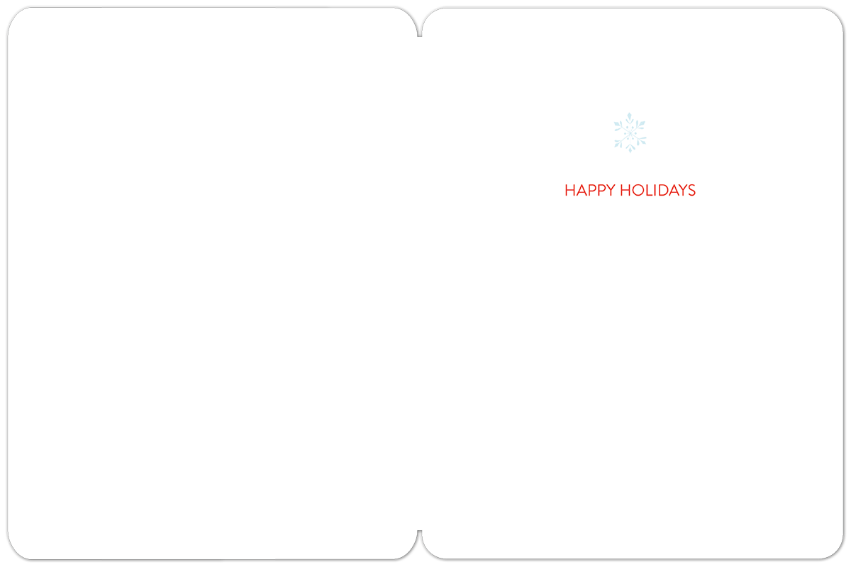 Inside of a white Christmas card with a light blue snowflake and the red text 'HAPPY HOLIDAYS'.