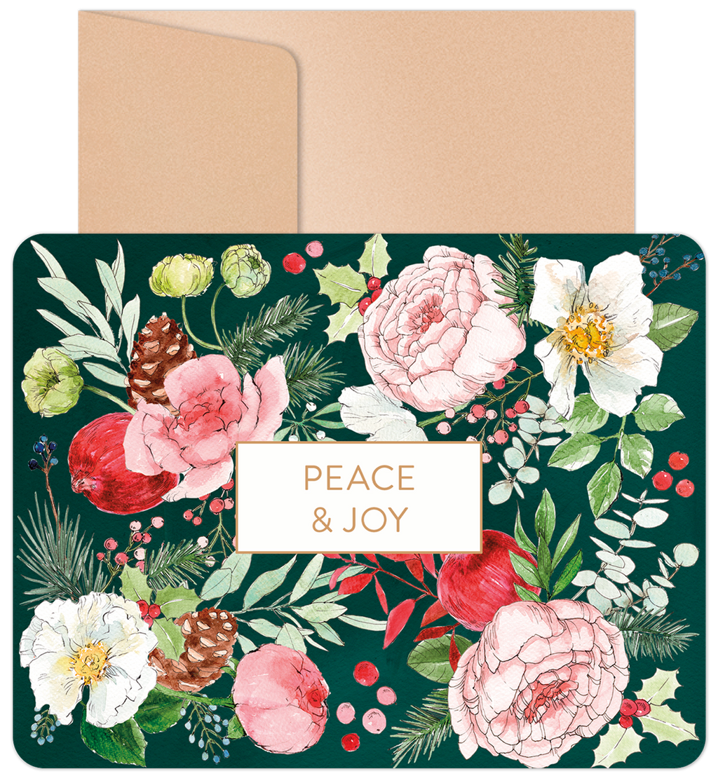 Elegant dark green holiday greeting card featuring watercolor pink and white peonies, red berries, pinecones, and evergreen foliage surrounding a 'Peace & Joy' message, with a kraft envelope.