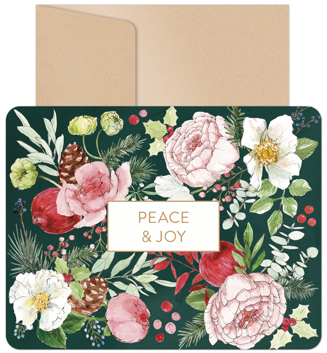Elegant dark green holiday greeting card featuring watercolor pink and white peonies, red berries, pinecones, and evergreen foliage surrounding a 'Peace & Joy' message, with a kraft envelope.