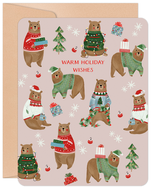 Front of a cute holiday greeting card with multiple brown bears in festive sweaters, Santa hats, and scarves, surrounded by gifts, trees, and snowflakes. Text reads 'WARM HOLIDAY WISHES'.
