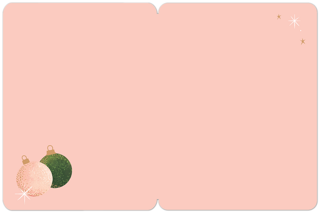 Blank inside of a light pink holiday card, adorned with subtle gold and green decorative ornaments, ready for a personalized message.