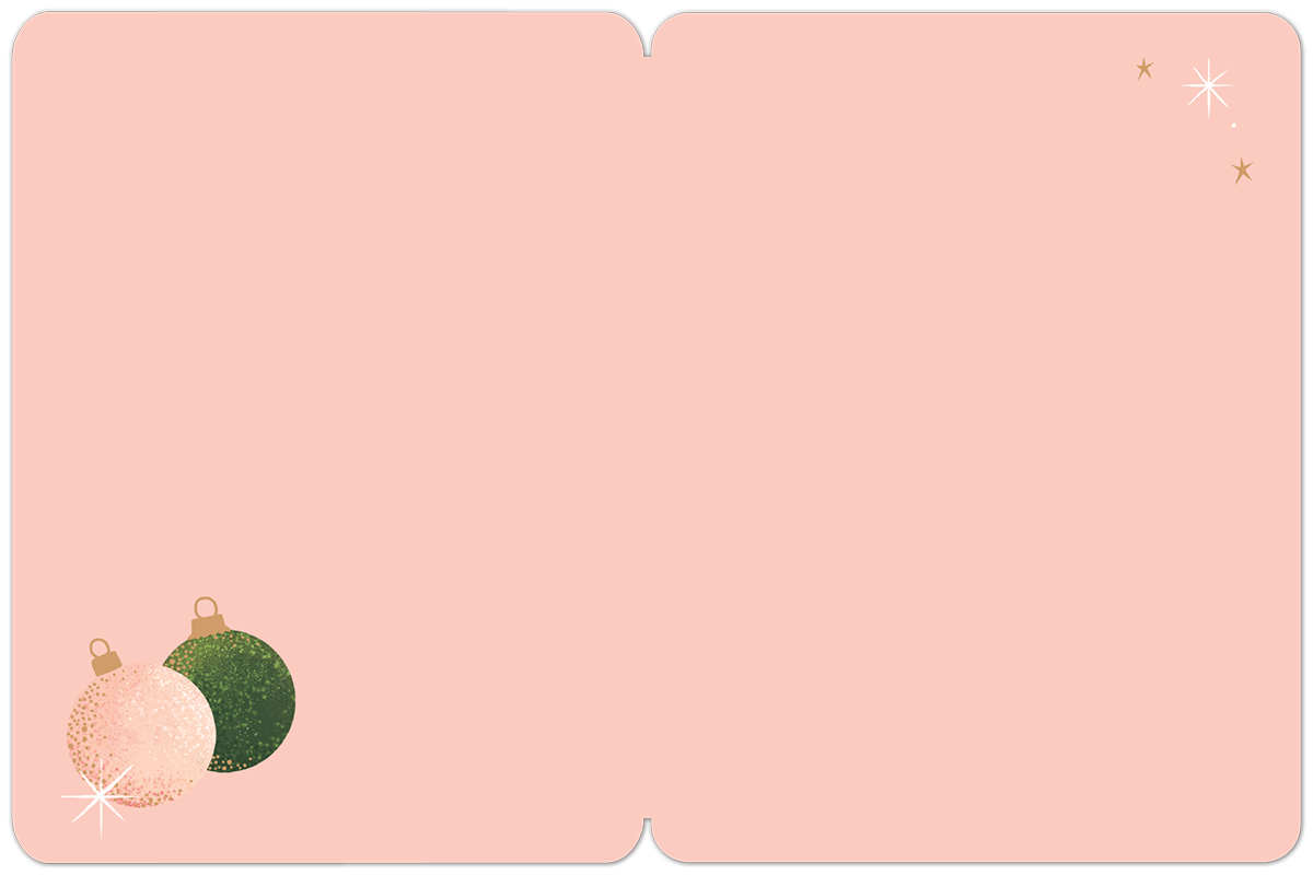 Blank inside of a light pink holiday card, adorned with subtle gold and green decorative ornaments, ready for a personalized message.