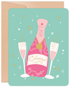 Lighthearted celebration card with pink rosé champagne bottle, two flutes, confetti, and 'Cheers!' text on a mint green background, perfect for special occasions.