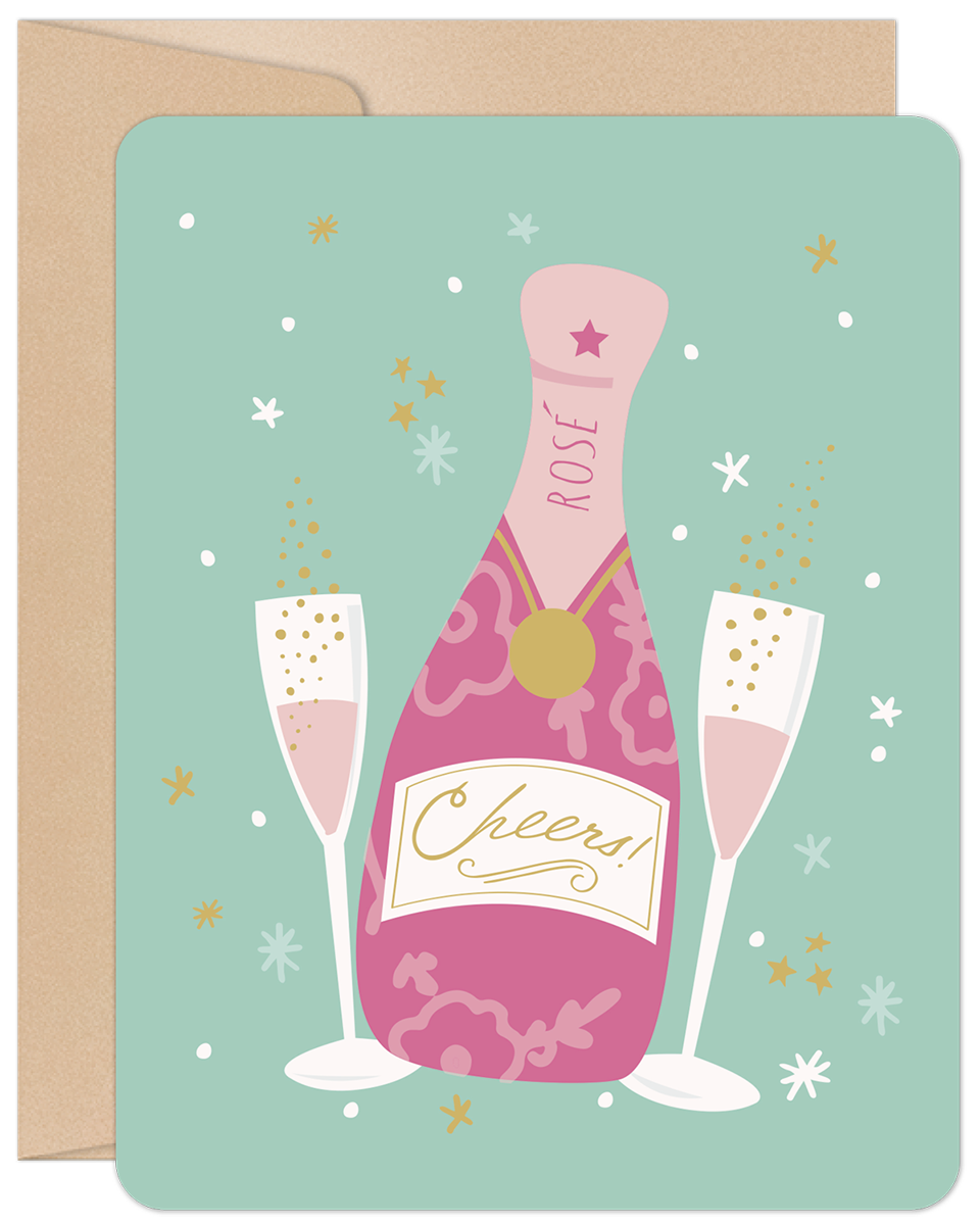 Lighthearted celebration card with pink rosé champagne bottle, two flutes, confetti, and 'Cheers!' text on a mint green background, perfect for special occasions.