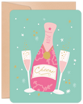 Lighthearted celebration card with pink rosé champagne bottle, two flutes, confetti, and 'Cheers!' text on a mint green background, perfect for special occasions.