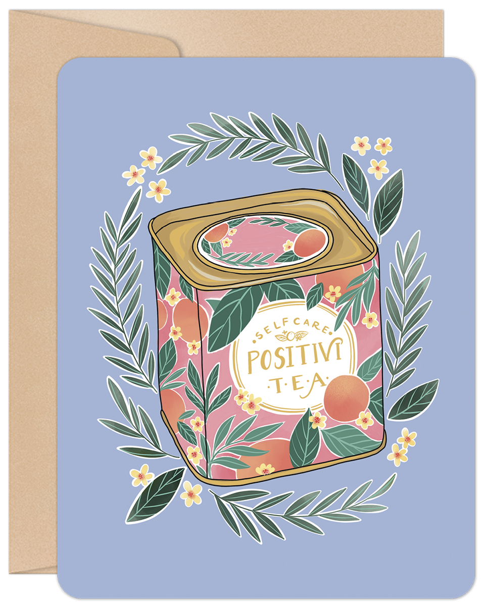 Front of a Get Well card featuring a pastel blue background with a 'Positivi-tea' tea tin design surrounded by leaves and flowers.
