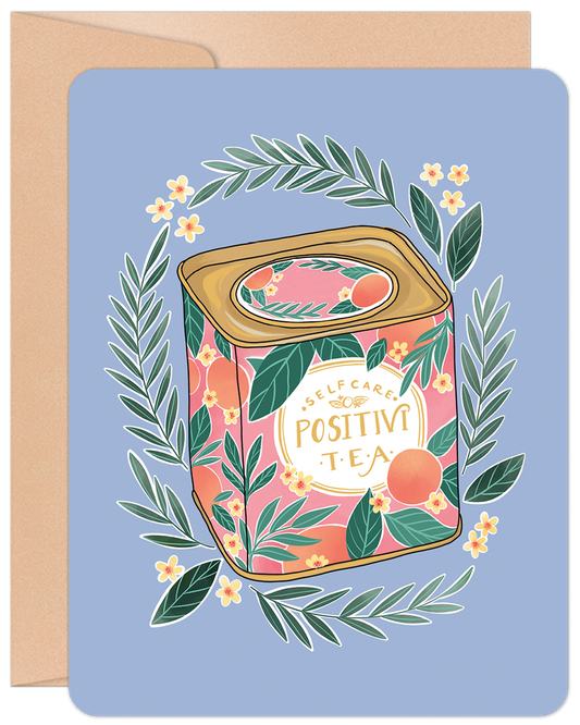 Front of a Get Well card featuring a pastel blue background with a 'Positivi-tea' tea tin design surrounded by leaves and flowers.