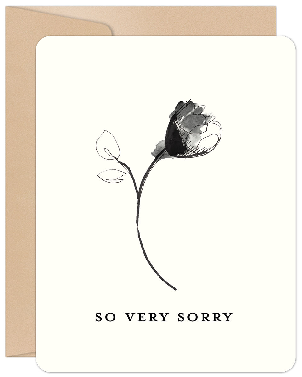 Front of 'So Very Sorry' sympathy card with a black sketched rose design on a cream background, text 'SO VERY SORRY' at the bottom.