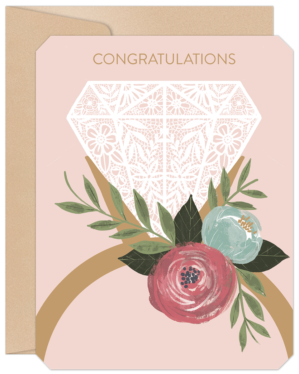 Elegant wedding congratulations card featuring a lace-patterned diamond ring illustration with vibrant red and teal flowers, green foliage, and a subtle golden arch on a soft pink background, presented with a kraft envelope.