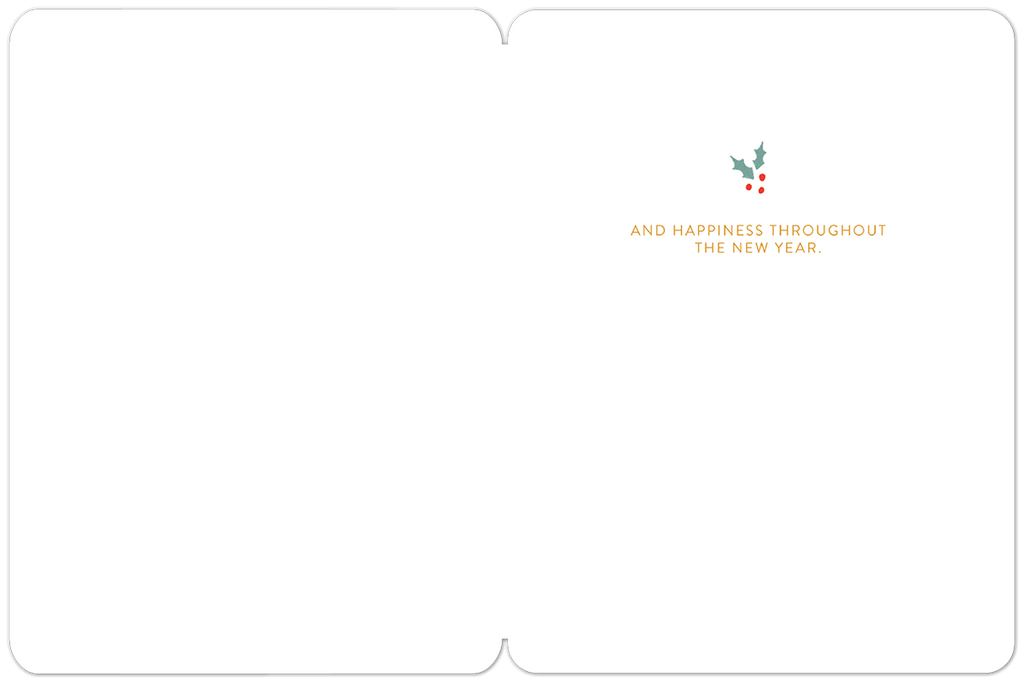 Inside view of a blank holiday greeting card with a small holly and berry design and text 'AND HAPPINESS THROUGHOUT THE NEW YEAR.' in the top right corner.