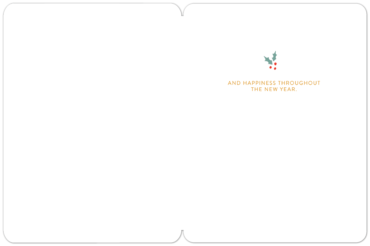 Inside view of a blank holiday greeting card with a small holly and berry design and text 'AND HAPPINESS THROUGHOUT THE NEW YEAR.' in the top right corner.