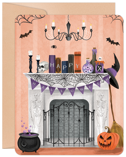 A vibrant Halloween greeting card featuring a decorated spooky mantle with a "Happy Halloween" banner, jack-o'-lantern, and cauldron.