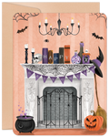 Cute Halloween greeting card featuring a decorated mantelpiece with spiderwebs, bats, a chandelier, 'HAPPY HALLOWEEN' banner, pumpkin, witch's hat, potion bottles, skull, cauldron, and skeleton statues, perfect for festive wishes.