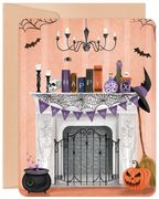 Cute Halloween greeting card featuring a decorated mantelpiece with spiderwebs, bats, a chandelier, 'HAPPY HALLOWEEN' banner, pumpkin, witch's hat, potion bottles, skull, cauldron, and skeleton statues, perfect for festive wishes.
