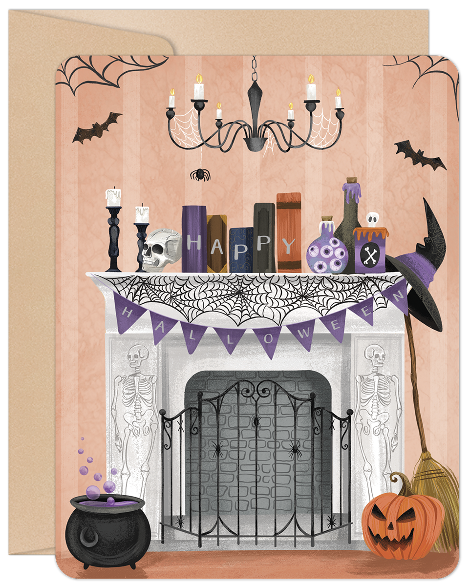 Cute Halloween greeting card featuring a decorated mantelpiece with spiderwebs, bats, a chandelier, 'HAPPY HALLOWEEN' banner, pumpkin, witch's hat, potion bottles, skull, cauldron, and skeleton statues, perfect for festive wishes.