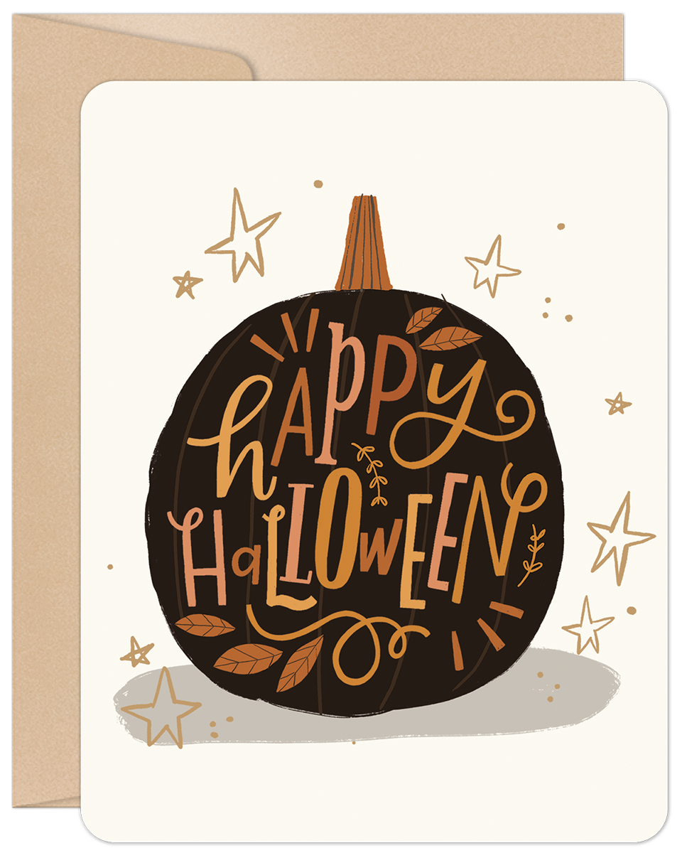 Greeting card featuring a stylish black pumpkin with 'Happy Halloween' in orange and yellow script, surrounded by gold star accents. Perfect for sending festive autumn wishes.
