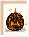 Greeting card featuring a stylish black pumpkin with 'Happy Halloween' in orange and yellow script, surrounded by gold star accents. Perfect for sending festive autumn wishes.
