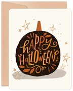 Greeting card featuring a stylish black pumpkin with 'Happy Halloween' in orange and yellow script, surrounded by gold star accents. Perfect for sending festive autumn wishes.