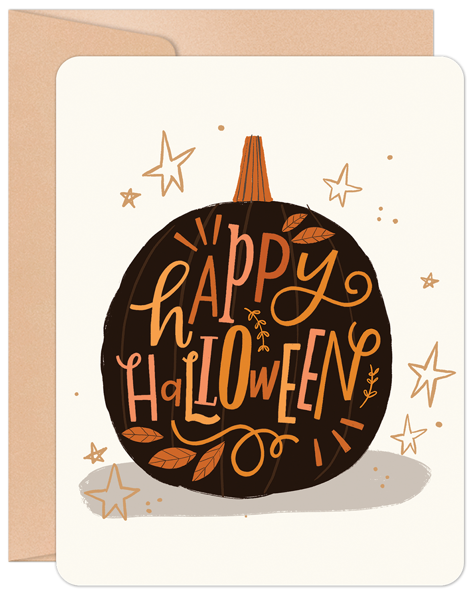 Front of a Happy Halloween greeting card featuring a black pumpkin design with orange and yellow lettering and gold stars.