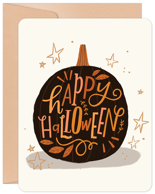 Front of a Happy Halloween greeting card featuring a black pumpkin design with orange and yellow lettering and gold stars.