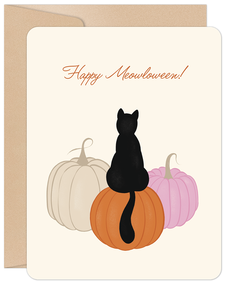Happy Meowloween greeting card featuring a black cat sitting on an orange pumpkin, flanked by pink and cream pumpkins.