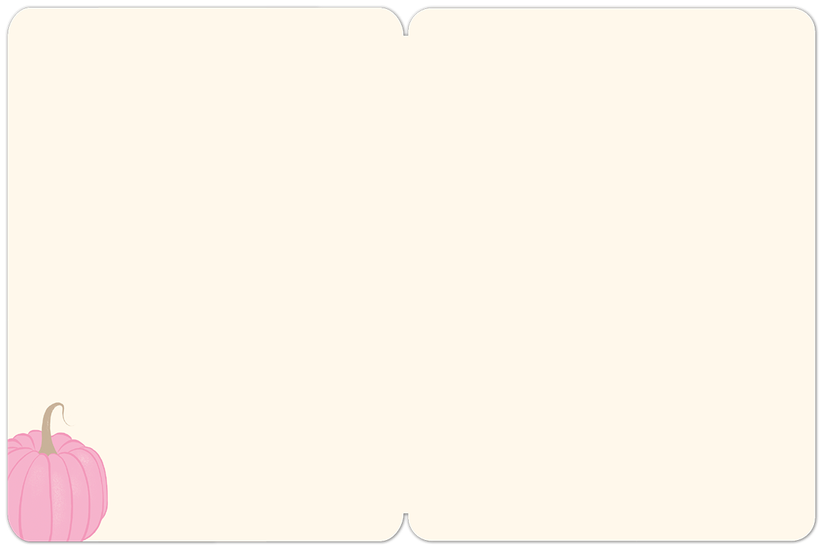 Inside of a blank Halloween greeting card with a small pink pumpkin illustration in the bottom left corner.