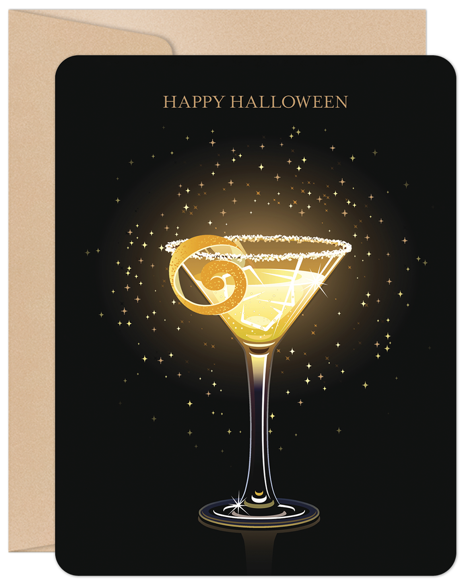 Front of Halloween card: Glowing martini glass with orange peel, sparkling stars on black background, "Happy Halloween".