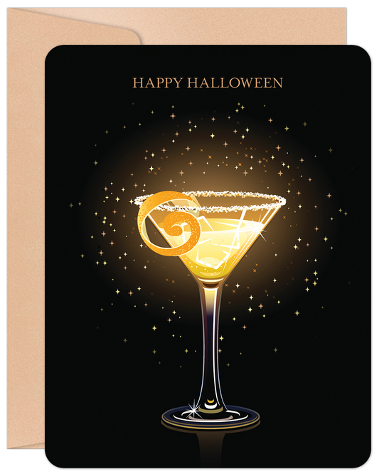 Front of Halloween card: Glowing martini glass with orange peel, sparkling stars on black background, "Happy Halloween".