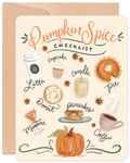 Fall-themed greeting card featuring a 'Pumpkin Spice Checklist' with illustrations of coffee, latte, donut, pie, cupcake, pancakes, candle, and pumpkin, paired with a brown envelope.