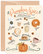 Fall-themed greeting card featuring a 'Pumpkin Spice Checklist' with illustrations of coffee, latte, donut, pie, cupcake, pancakes, candle, and pumpkin, paired with a brown envelope.