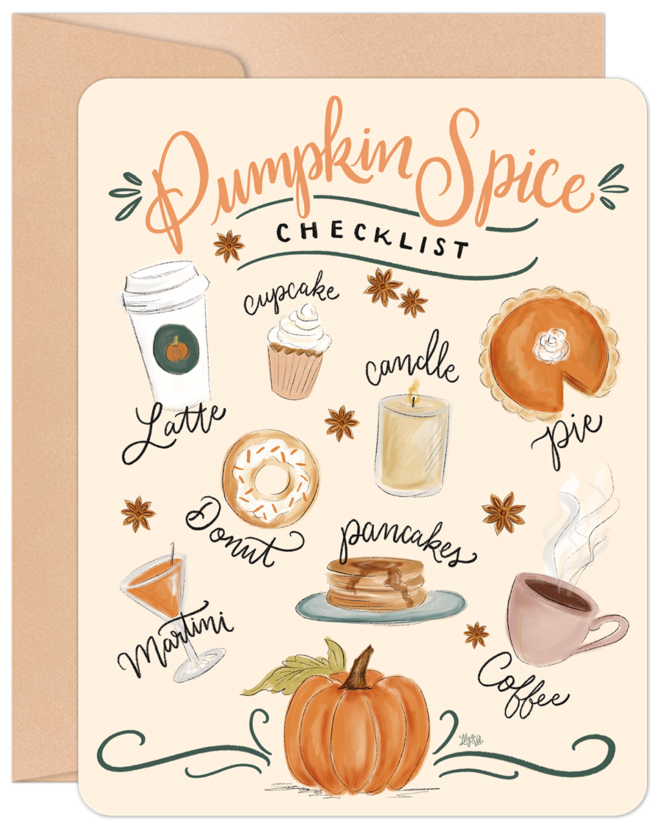 Pumpkin Spice Checklist greeting card featuring latte, donut, pie, coffee, pumpkin, and other fall essentials for Halloween and autumn.