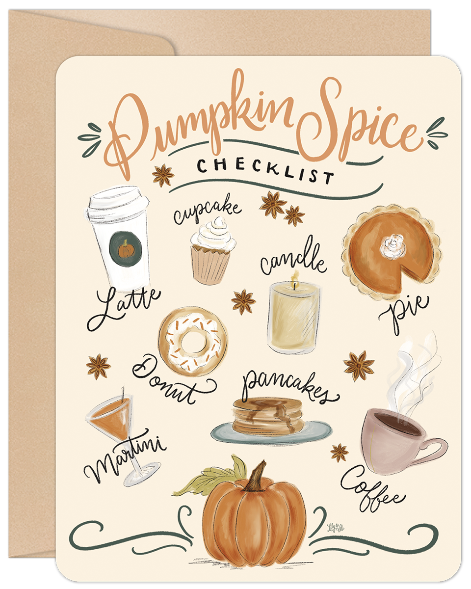 Fall-themed greeting card featuring a 'Pumpkin Spice Checklist' with illustrations of coffee, latte, donut, pie, cupcake, pancakes, candle, and pumpkin, paired with a brown envelope.