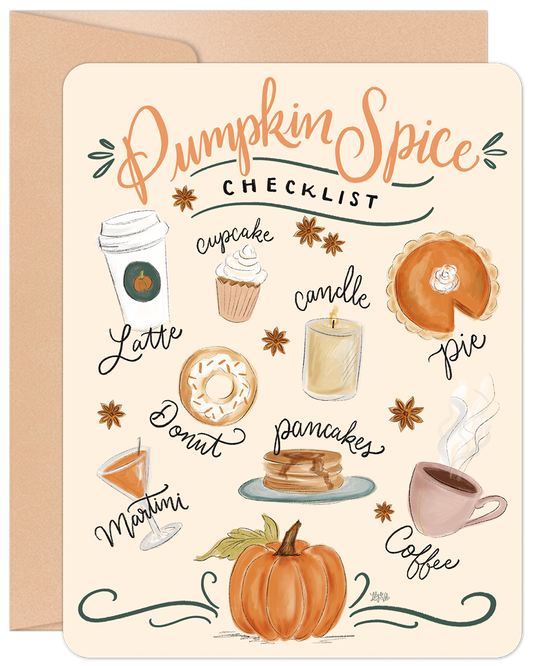 Pumpkin Spice Checklist greeting card featuring latte, donut, pie, coffee, pumpkin, and other fall essentials for Halloween and autumn.