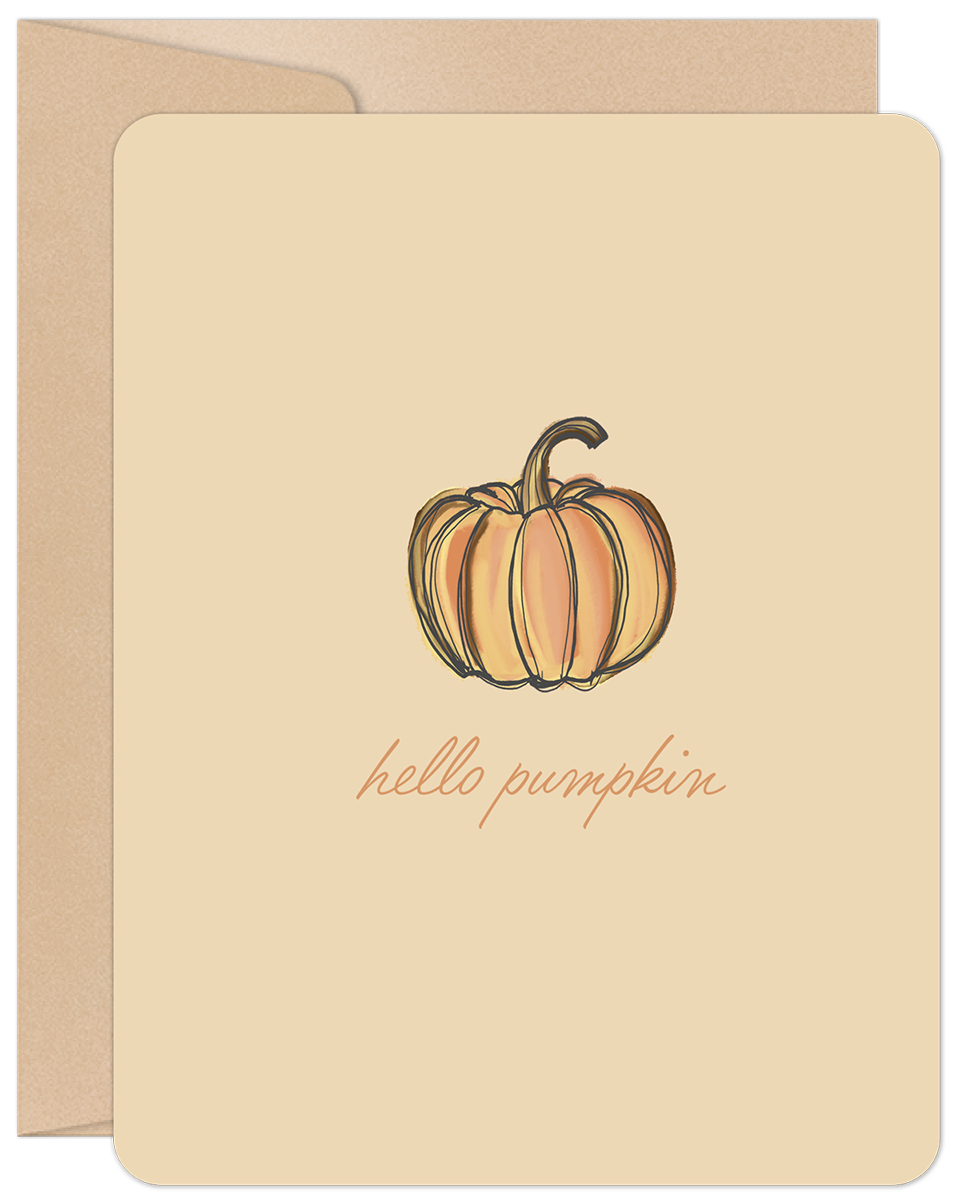 Front of a 'Hello Pumpkin' greeting card featuring a hand-drawn orange pumpkin illustration on a light tan background, with a kraft envelope behind it.
