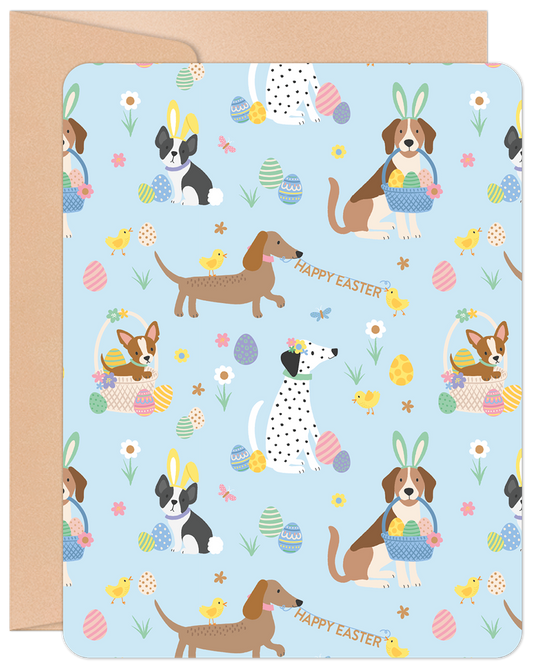 Delightful greeting card cover with playful cartoon dogs in bunny ears, colorful eggs, and chicks on a light blue background.