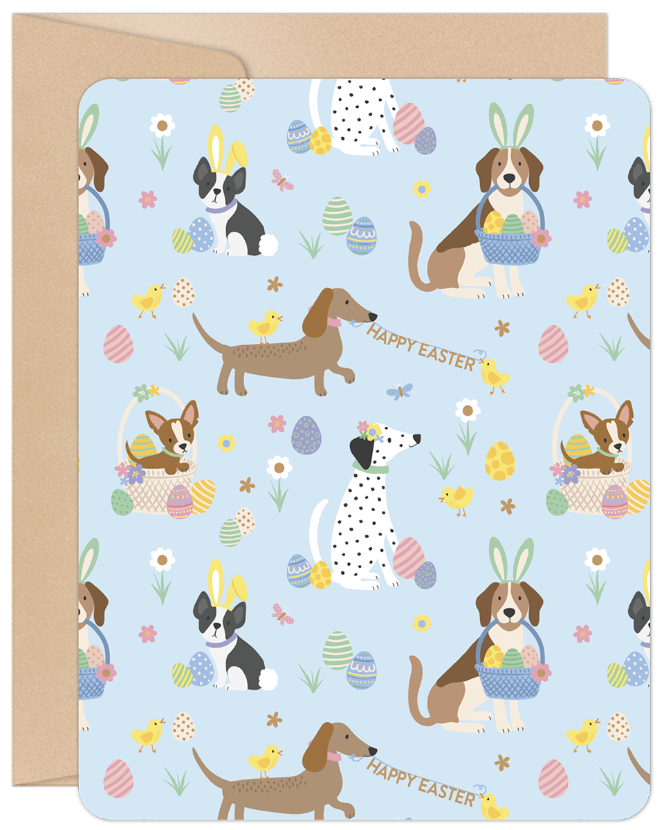 Cute dogs with bunny ears and colorful eggs on a light blue greeting card, featuring a beagle, dachshund, dalmatian, and bulldog among spring flowers and chicks.